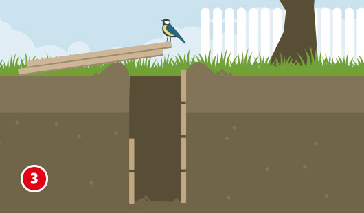Illustration zum dritten Schritt beim Bau eines Gartenhausfundaments mit Punktfundamenten. In eine rechteckige, tiefe Grube werden seitlich Holzleisten zur Schalung eingesetzt. Zwei Holzbretter liegen über dem Grubenrand, ein Vogel sitzt darauf.