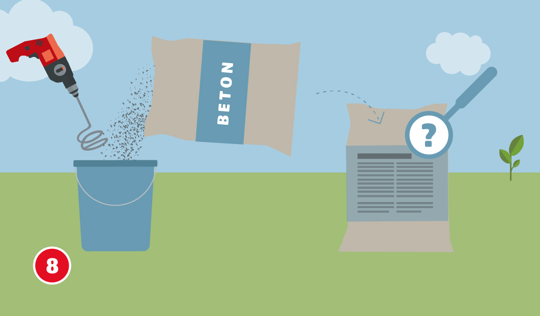 Illustration zum achten Schritt beim Bau eines Gartenhausfundaments. Ein Sack mit der Aufschrift „BETON“ wird in einen Eimer geschüttet, in dem die Masse mit einer Bohrmaschine und Rührquirl angemischt wird. Rechts ist ein zweiter Sack mit Produktanleitung zu sehen, darüber eine Lupe mit Fragezeichen.