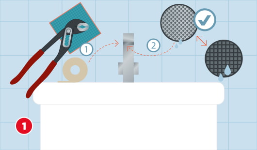 Illustration eines Waschbeckens mit Armatur, rechts sind zwei Siebe für einen Wasserhahn zu sehen, ein Pfeil zeigt auf die Waschbeckenarmatur, links liegt eine Rolle Teflonband und man sieht ein blaues Tuch und eine Rohrzange