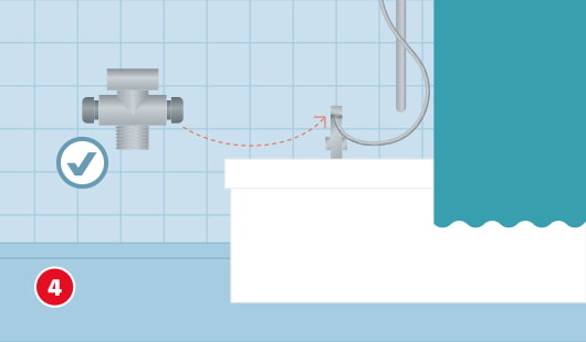 Illustration einer Badewanne, links neben der Wanne ist ein Duschstop zu sehen, ein Pfeil zeigt von diesem zur Badewannenarmatur