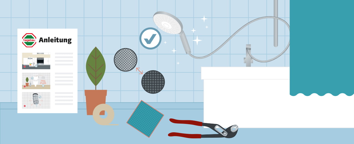 Illustration eines Badezimmers mit Badewanne und einer Duschbrause, neben der Wanne liegt eine Rohrzange und eine Rolle Teflonband, man sieht zwei Einsätze eines Duschsiebs und ein blaues Tuch, sowie eine Anleitung mit hagebau-Logo