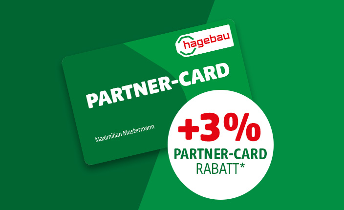 Kundenkarte der hagebau vor einem grünen Hintergrund mit dem Hinweis bei jedem Einkauf 3% Sofort-Rabatt zu erhalten.
