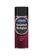 Eine Dose Renovo Sprühlack Hochglanz in Rot und Schwarz