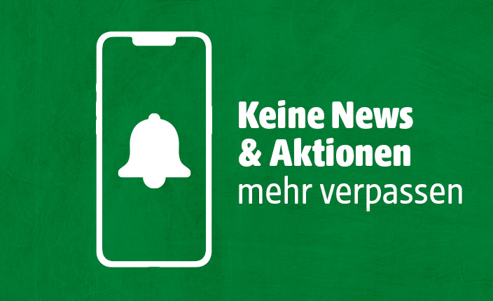 Smartphone Icon mit Glocke und Text Keine Aktionen mehr verpassen